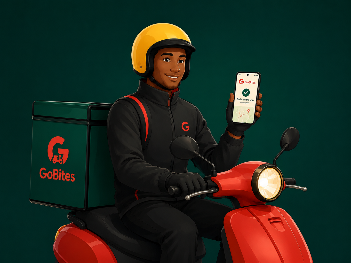 GoBites rider on a red scooter holding a phone showing an order on the way