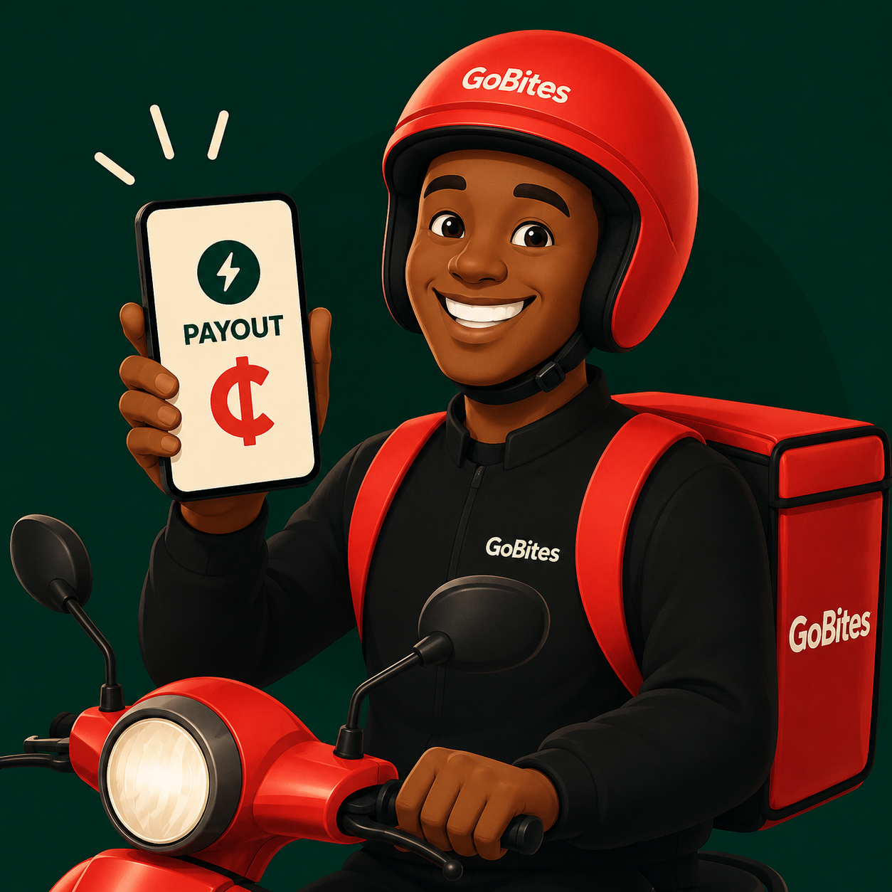 GoBites rider holding a phone showing a payout notification