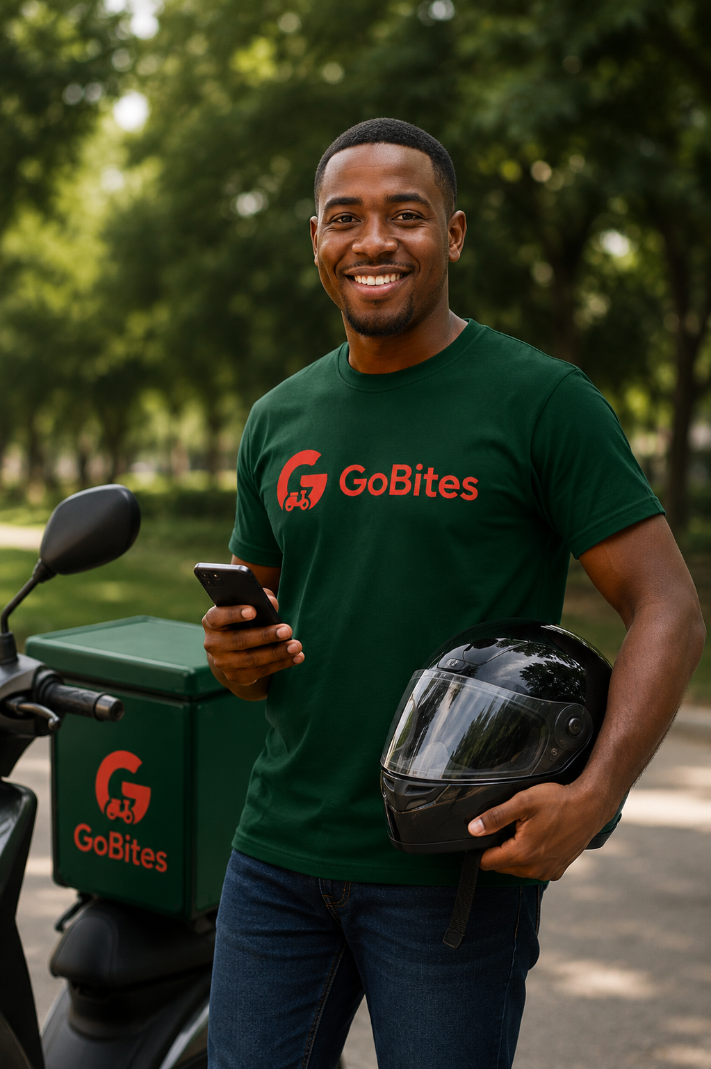 GoBites courier next to motorbike holding helmet and phone