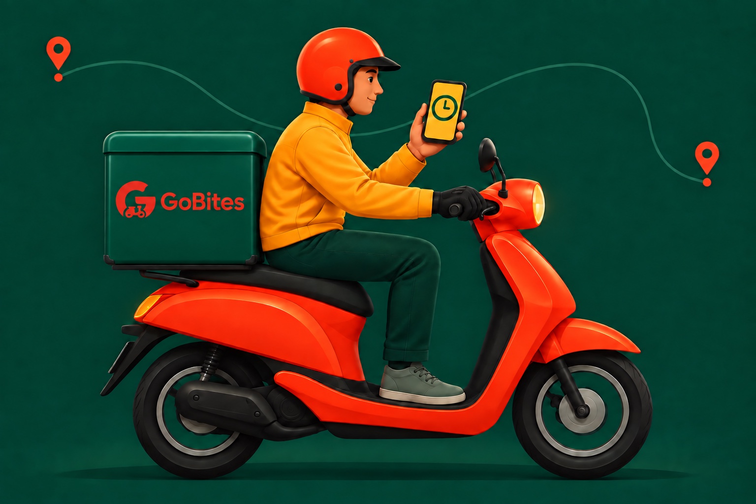 GoBites courier riding within a local delivery zone marked by location pins