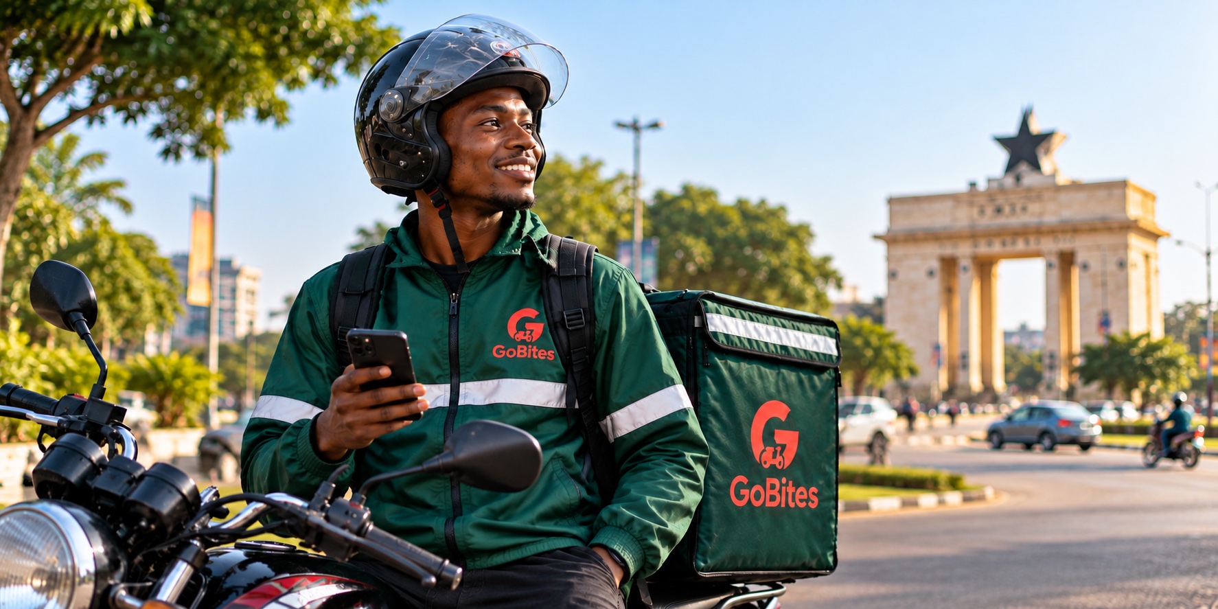 GoBites delivery rider with a motorcycle and insulated delivery bag in Kumasi