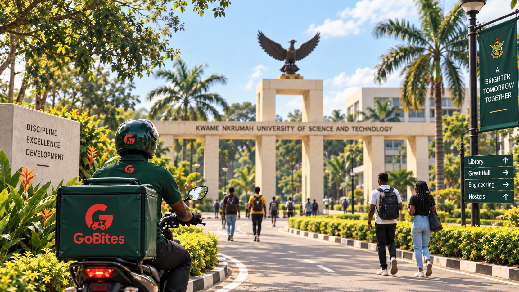 GoBites courier riding toward the KNUST campus entrance in Kumasi