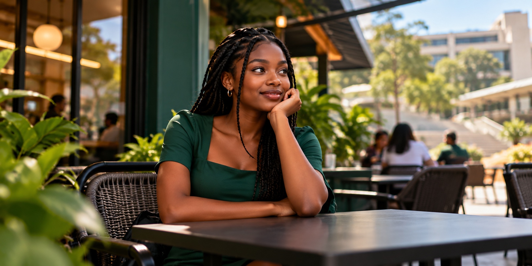 Woman enjoying a relaxed Sunday at a café near KNUST in Kumasi