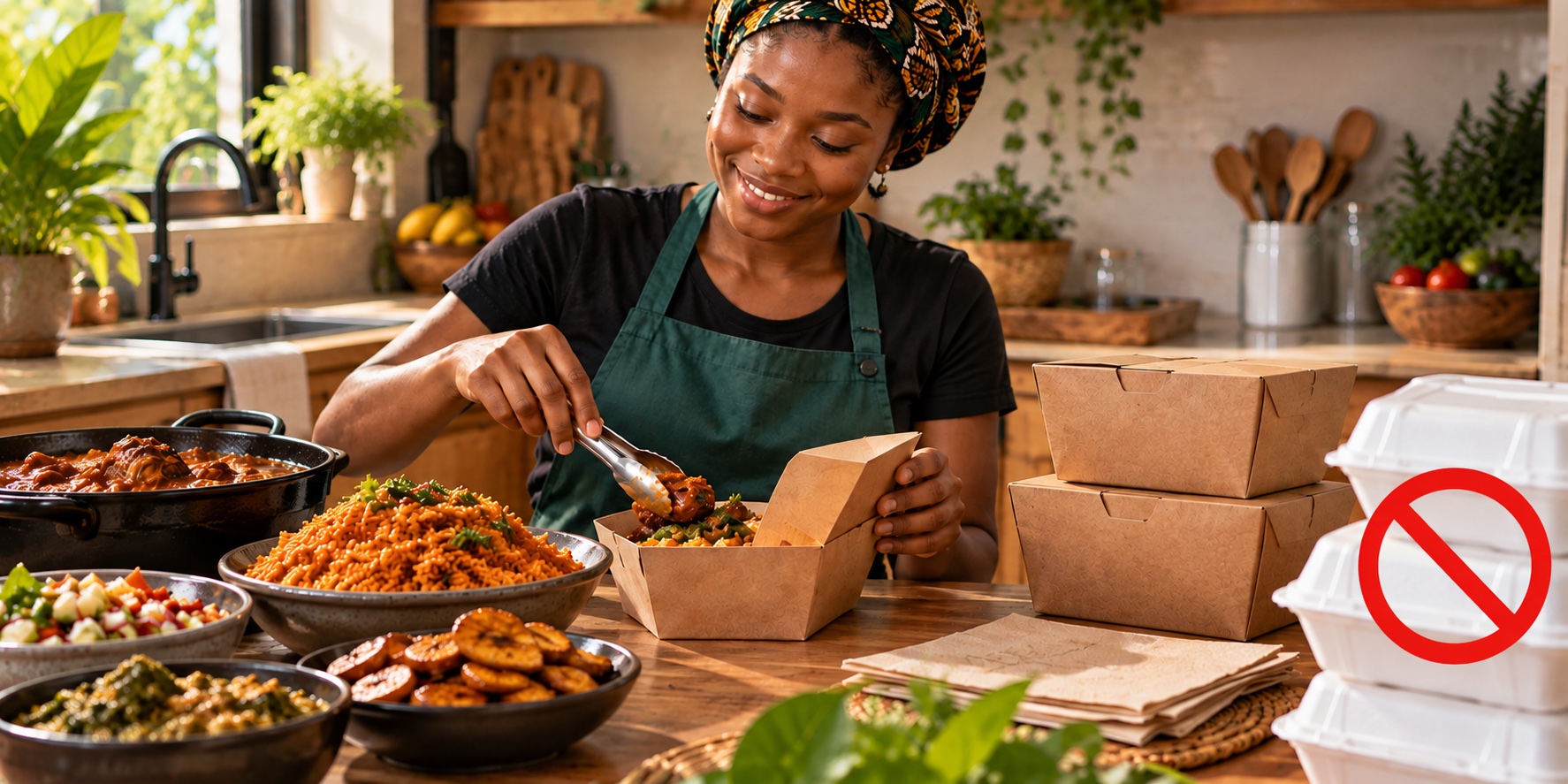 Ghanaian food vendor packing a meal in a paper container beside foam takeaway packs marked for phase-out