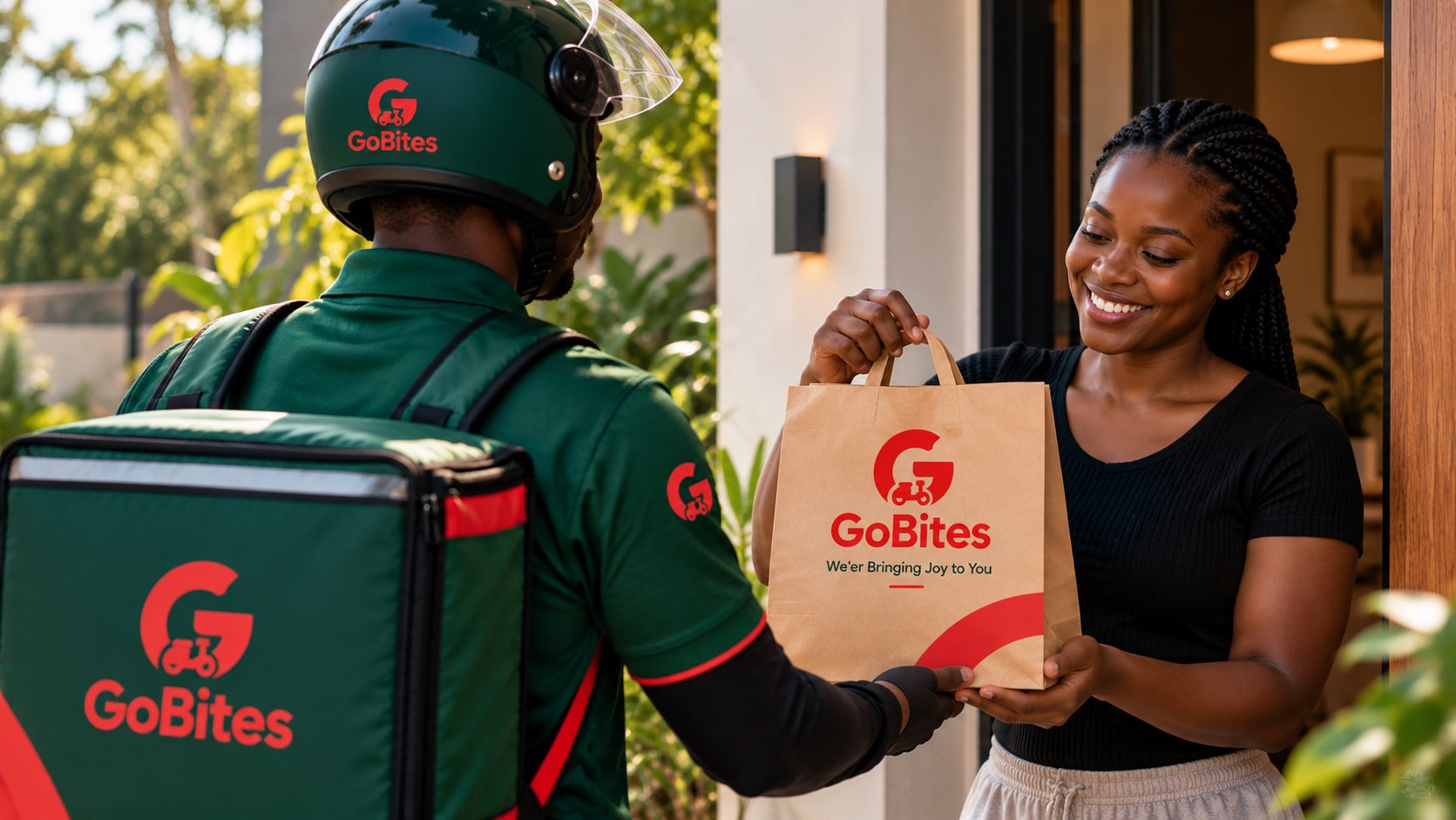 GoBites courier handing a food order to a customer at her home in Kumasi