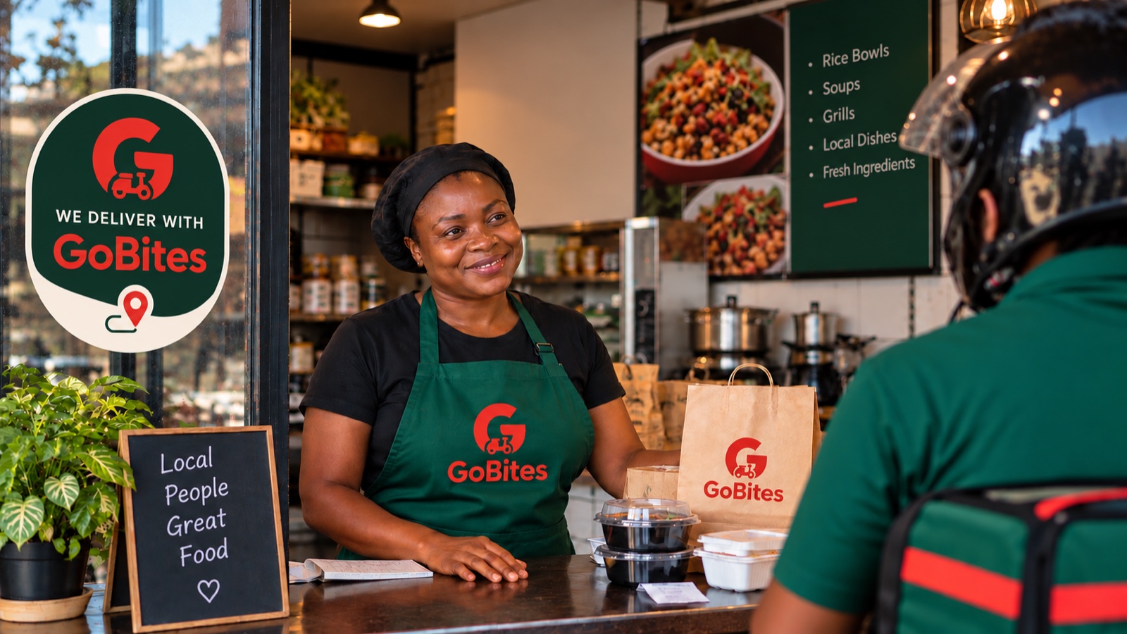 GoBites merchant at a Kumasi food counter preparing an order for delivery