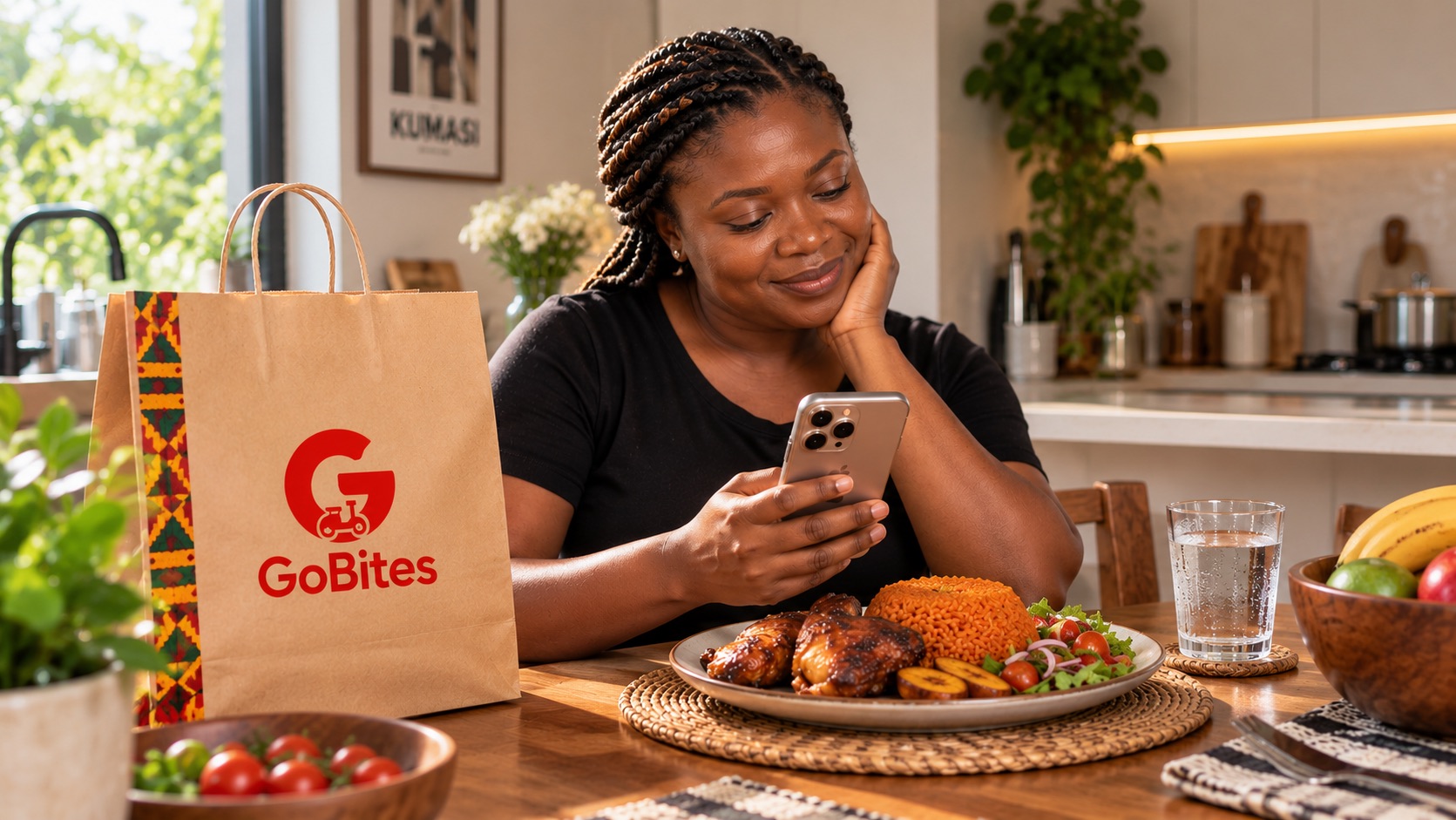 Kumasi customer using her phone beside a GoBites food bag and a prepared meal