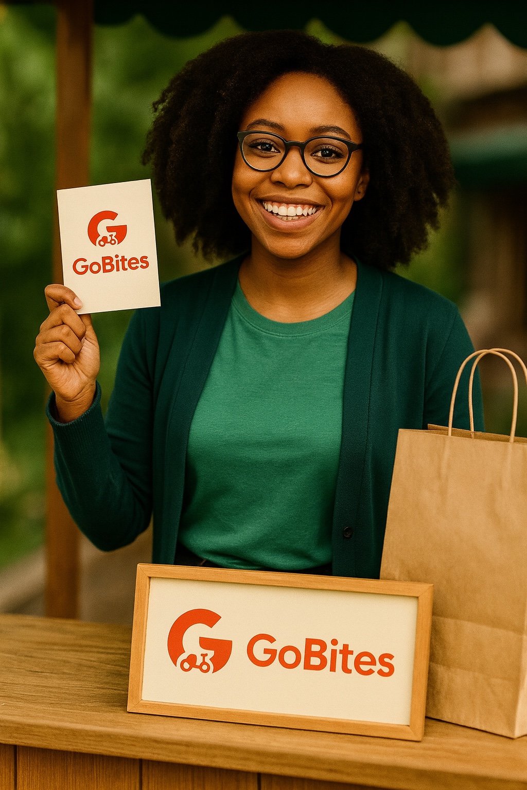 Smiling GoBites merchant holding branded business materials