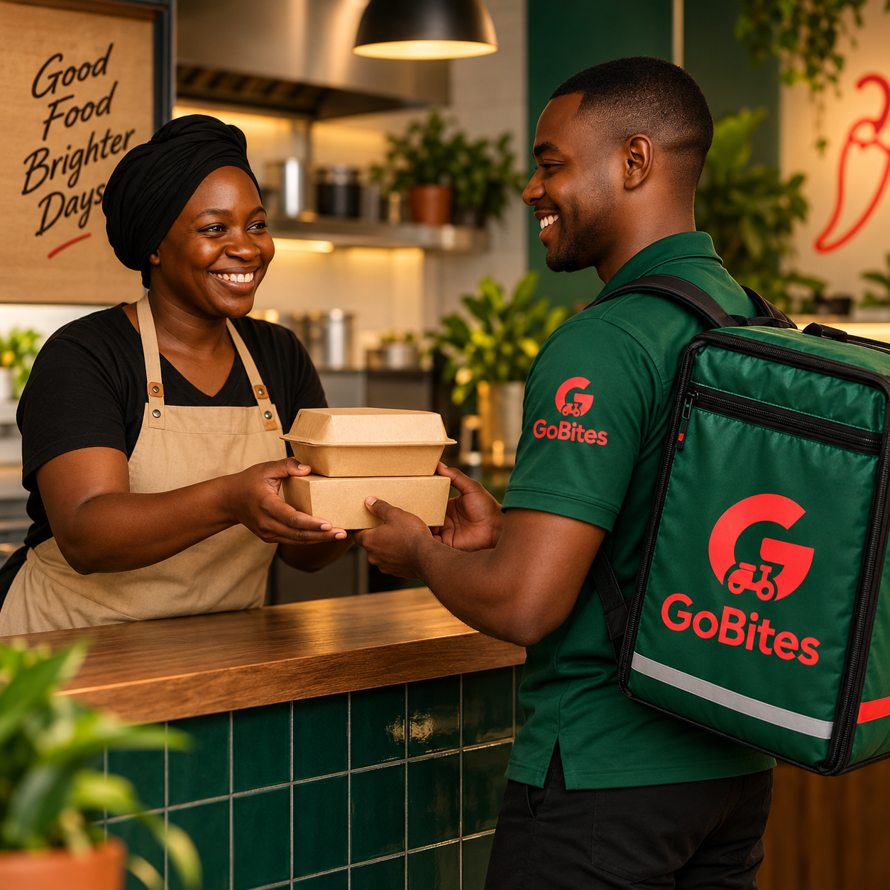 A food vendor handing a freshly prepared order to a GoBites courier