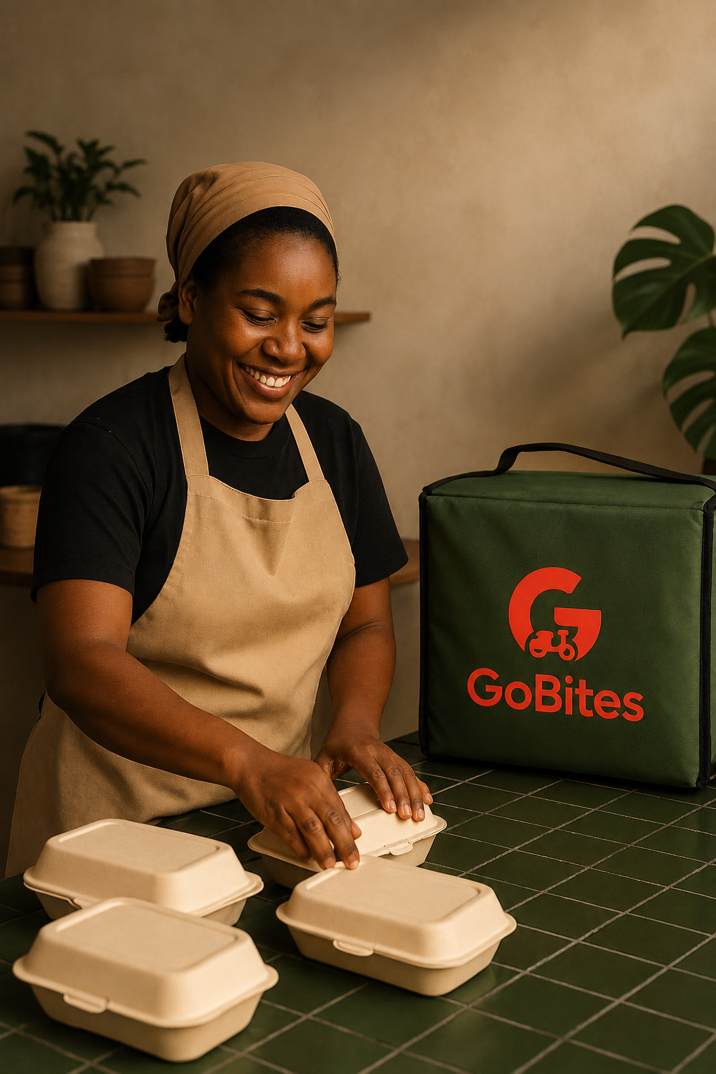 Vendor preparing takeaway boxes at a counter with GoBites branding