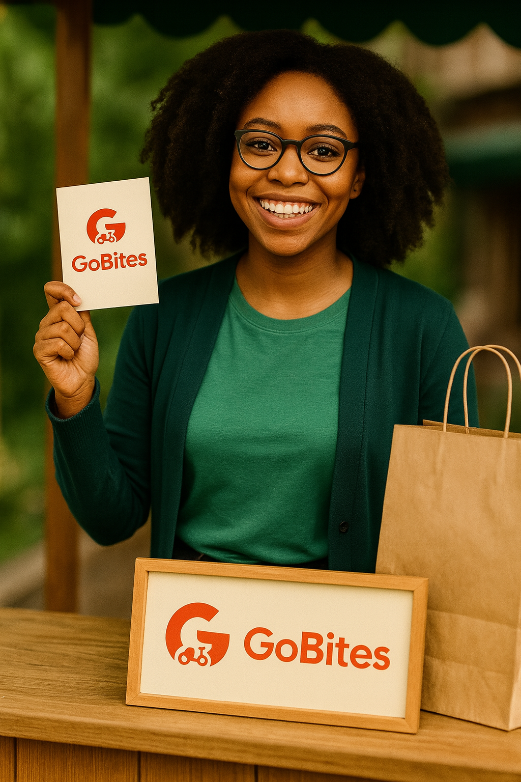 Happy business owner holding GoBites promotional materials
