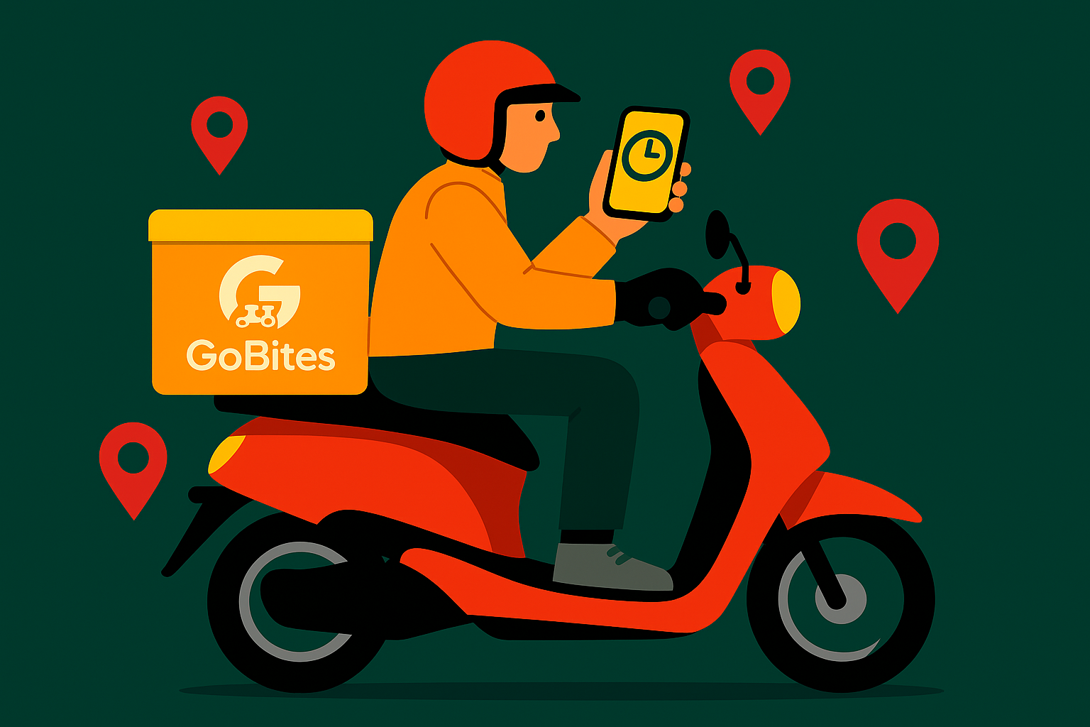 Courier riding in neighborhood with location pins