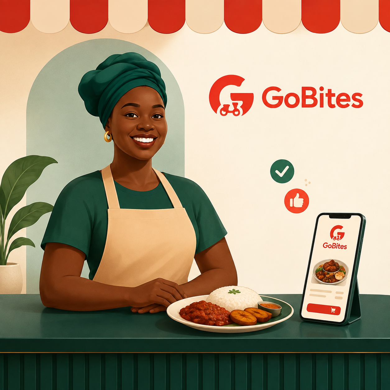Vendor smiling while preparing delicious food with GoBites app displayed